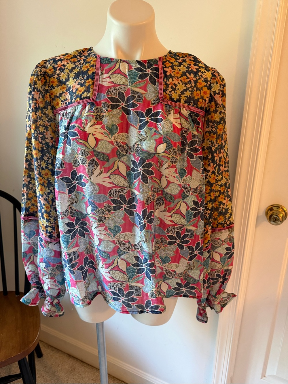 Fate Floral Patchwork Blouse - Pink, Navy, Yellow